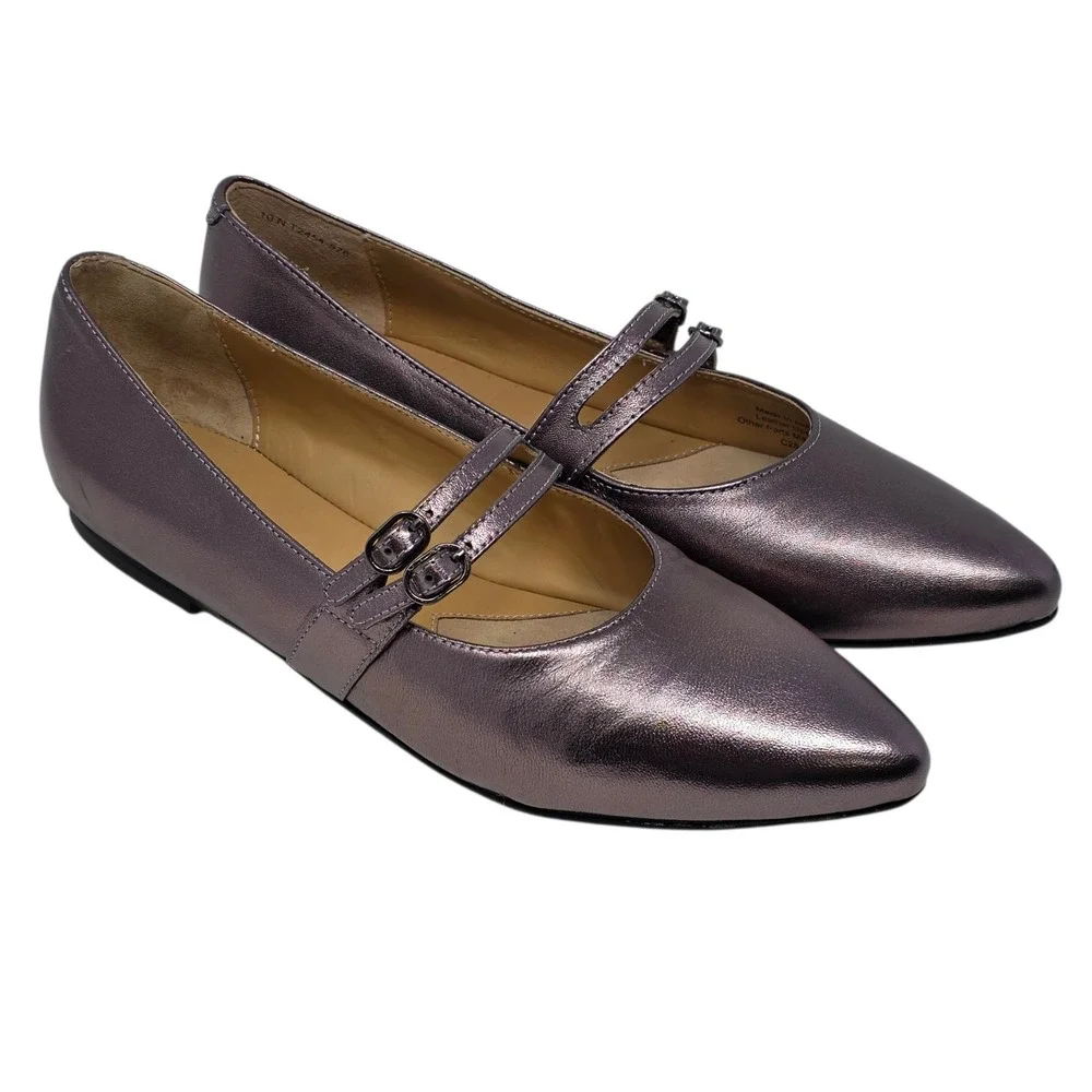 Trotters Emerald Pointed Toe Mary Jane Flats Pewter Metallic Leather 10 NIB $150